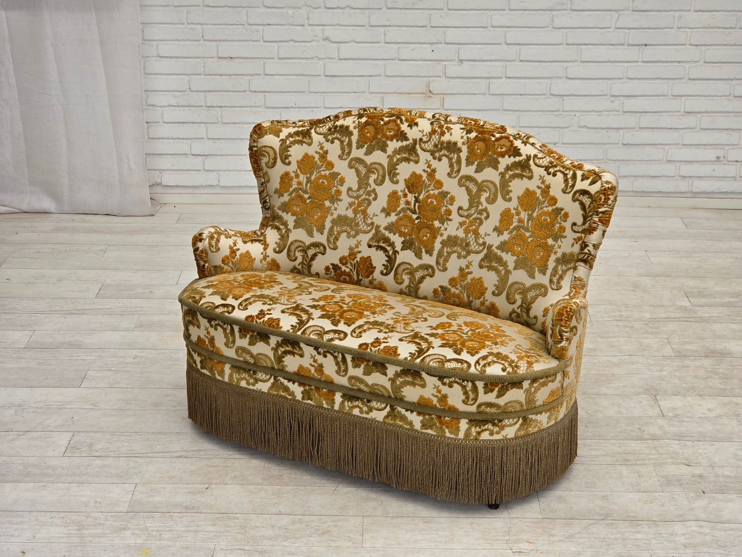 1970s, small 2-seater Danish sofa, brown/beige furniture fabric.