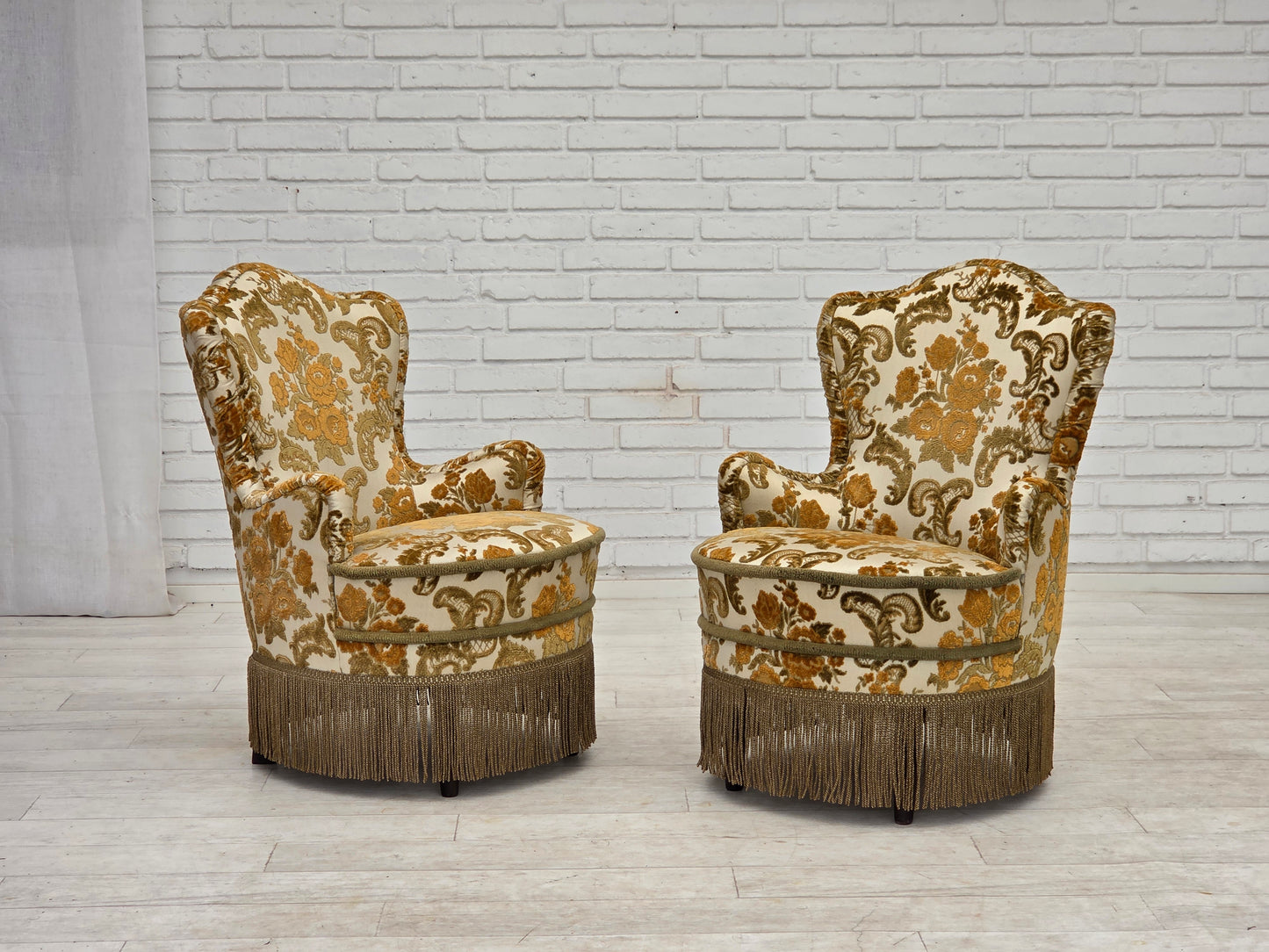 1970s, pair of 2 small Danish armchairs, brown/beige furniture fabric.
