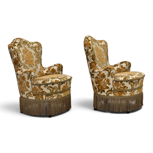 1970s, pair of 2 small Danish armchairs, brown/beige furniture fabric.