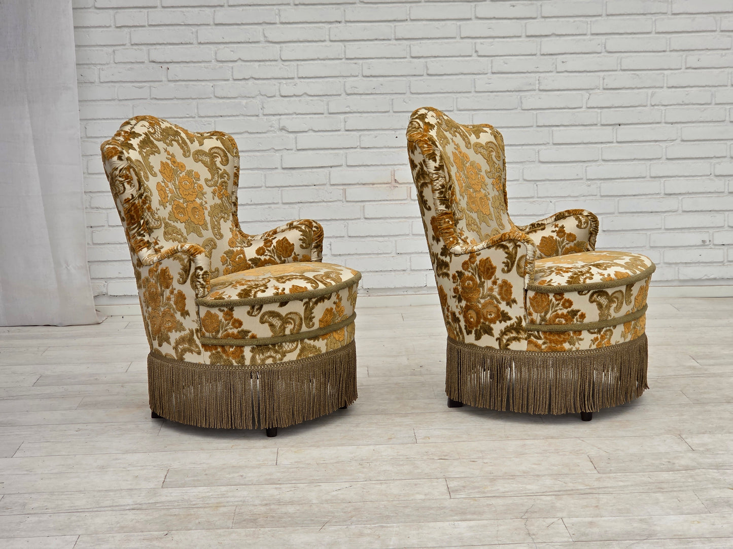 1970s, pair of 2 small Danish armchairs, brown/beige furniture fabric.