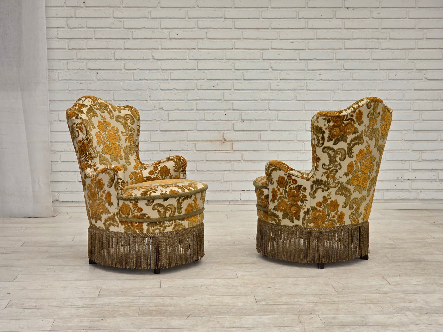 1970s, pair of 2 small Danish armchairs, brown/beige furniture fabric.