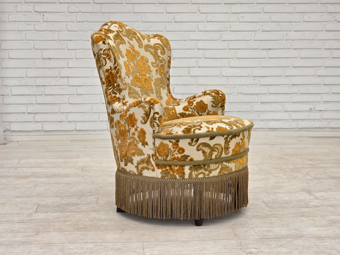 1970s, pair of 2 small Danish armchairs, brown/beige furniture fabric.