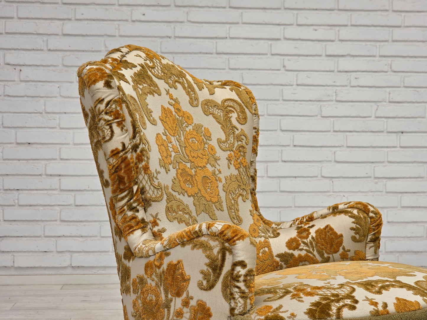 1970s, pair of 2 small Danish armchairs, brown/beige furniture fabric.