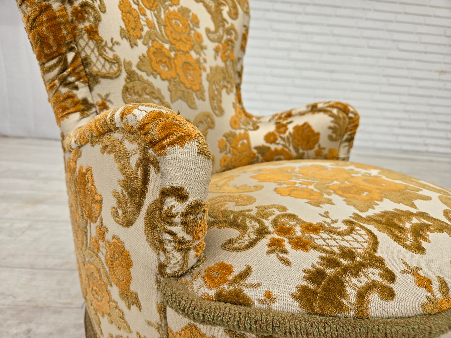 1970s, pair of 2 small Danish armchairs, brown/beige furniture fabric.