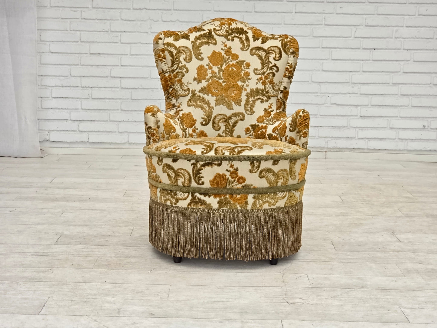 1970s, pair of 2 small Danish armchairs, brown/beige furniture fabric.