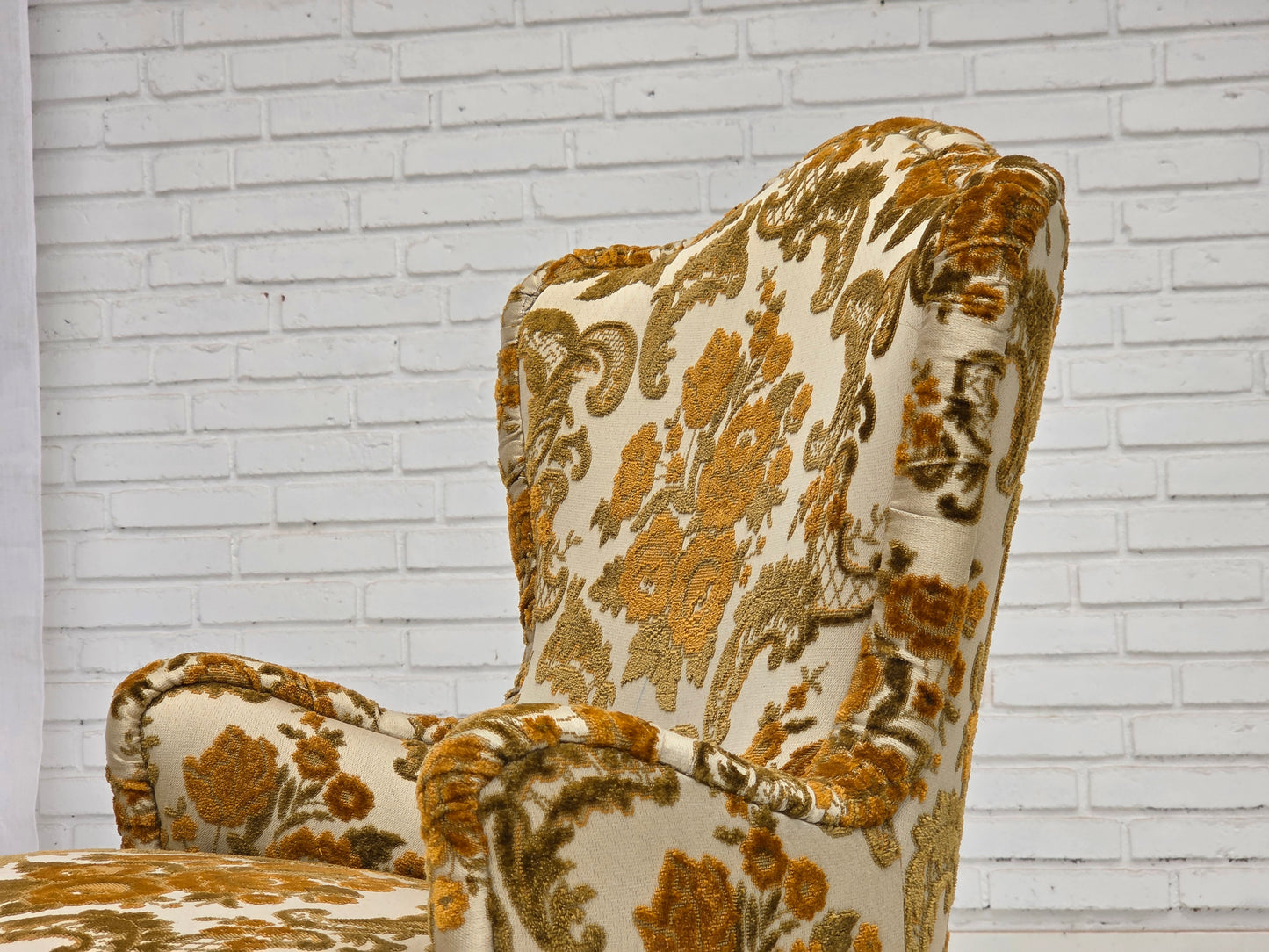 1970s, pair of 2 small Danish armchairs, brown/beige furniture fabric.