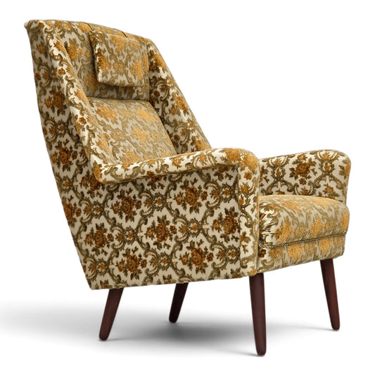 1970s, Danish highback armchair, brown/beige furniture fabric, teak wood.