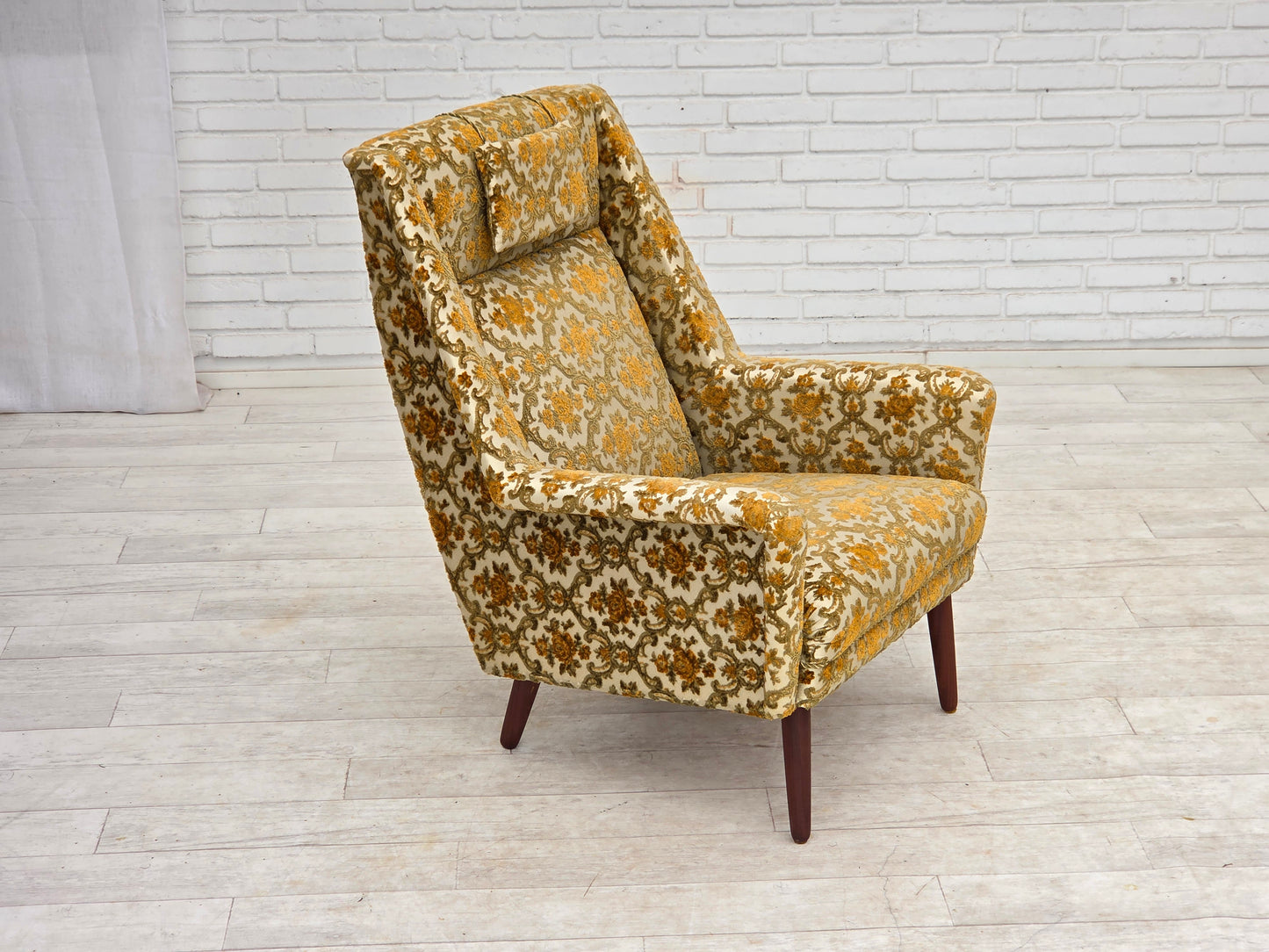 1970s, Danish highback armchair, Brown/beige furniture fabric, teak wood.