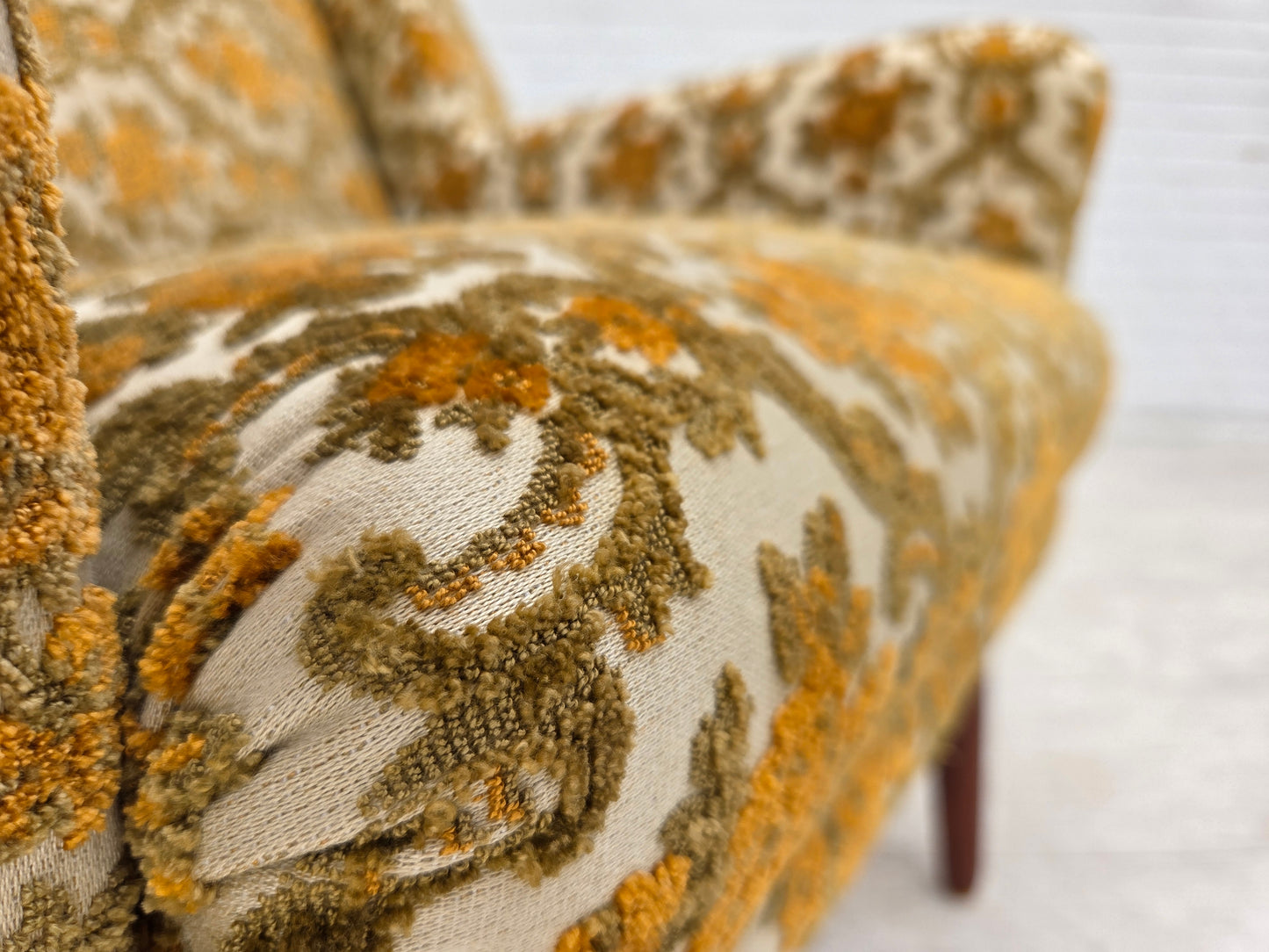 1970s, Danish highback armchair, Brown/beige furniture fabric, teak wood.