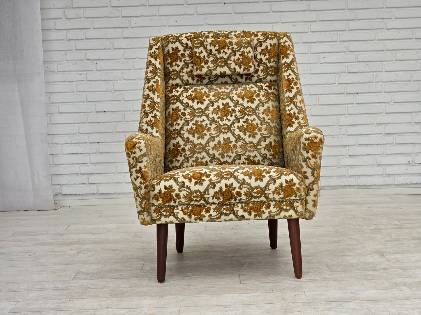 1970s, Danish highback armchair, Brown/beige furniture fabric, teak wood.