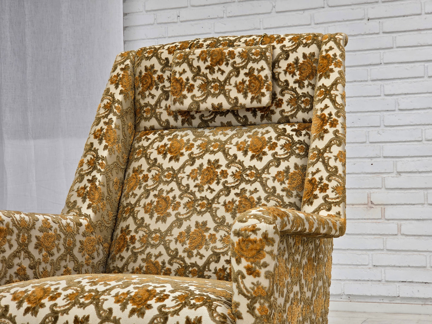 1970s, Danish highback armchair, Brown/beige furniture fabric, teak wood.