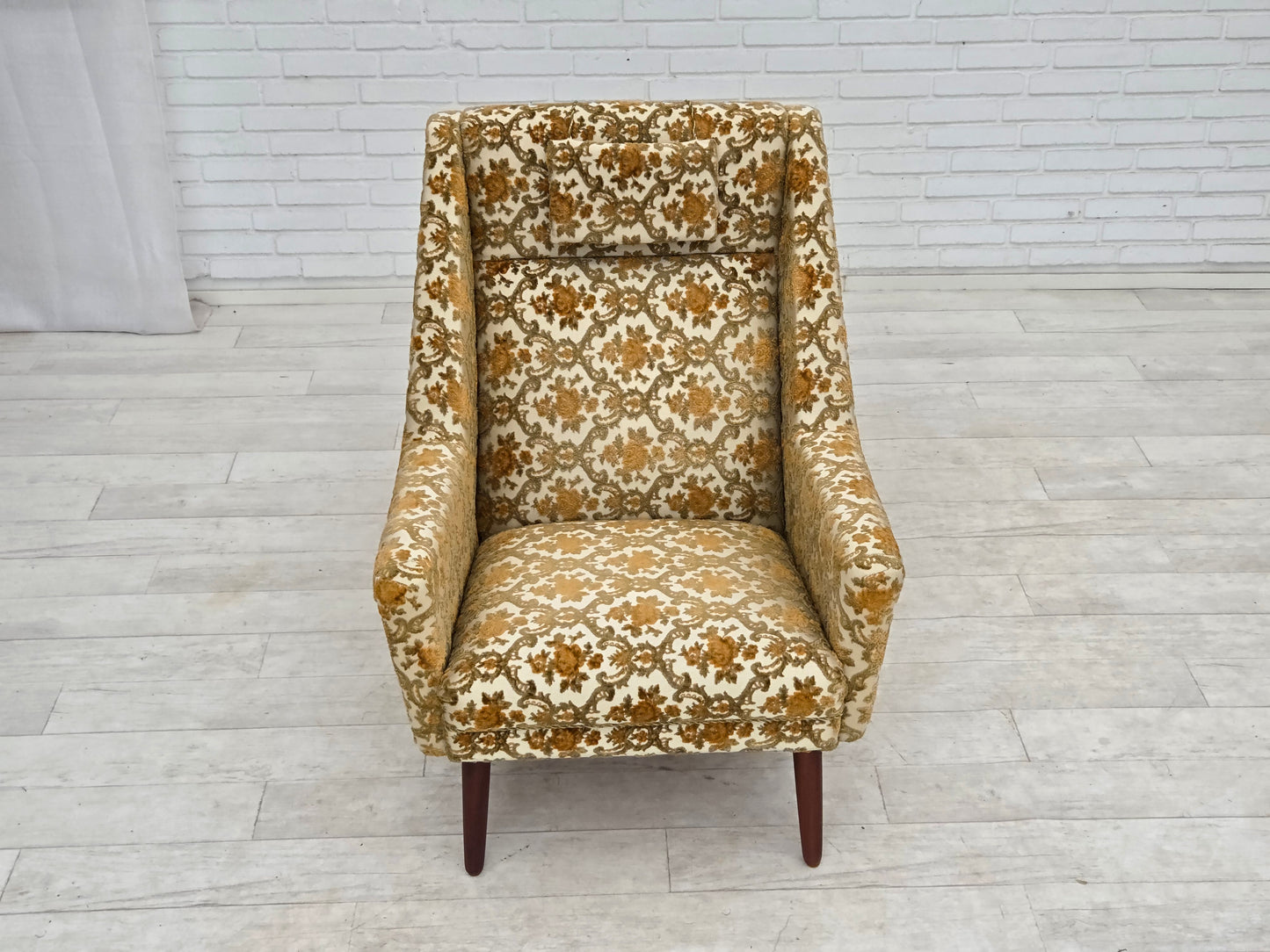 1970s, Danish highback armchair, Brown/beige furniture fabric, teak wood.