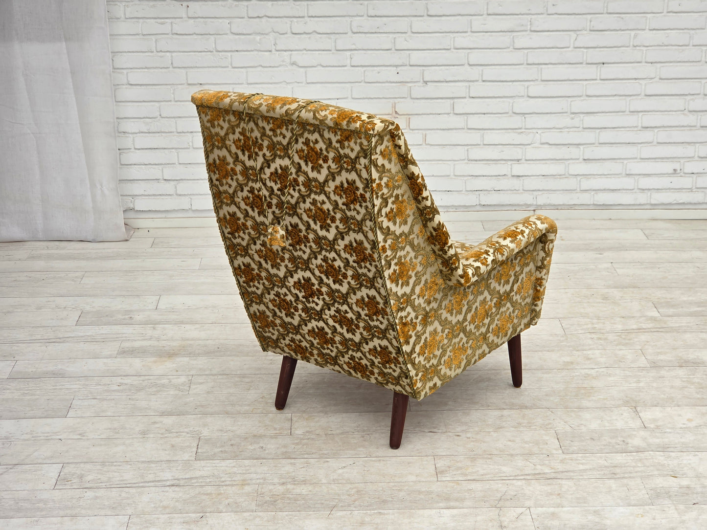 1970s, Danish highback armchair, Brown/beige furniture fabric, teak wood.
