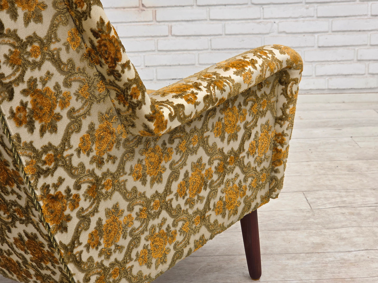1970s, Danish highback armchair, Brown/beige furniture fabric, teak wood.