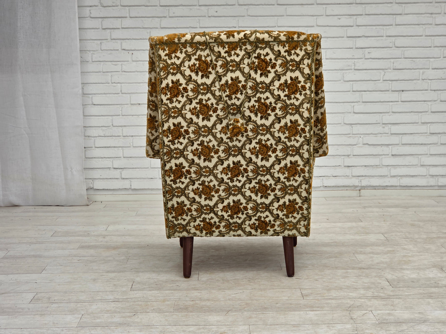 1970s, Danish highback armchair, Brown/beige furniture fabric, teak wood.