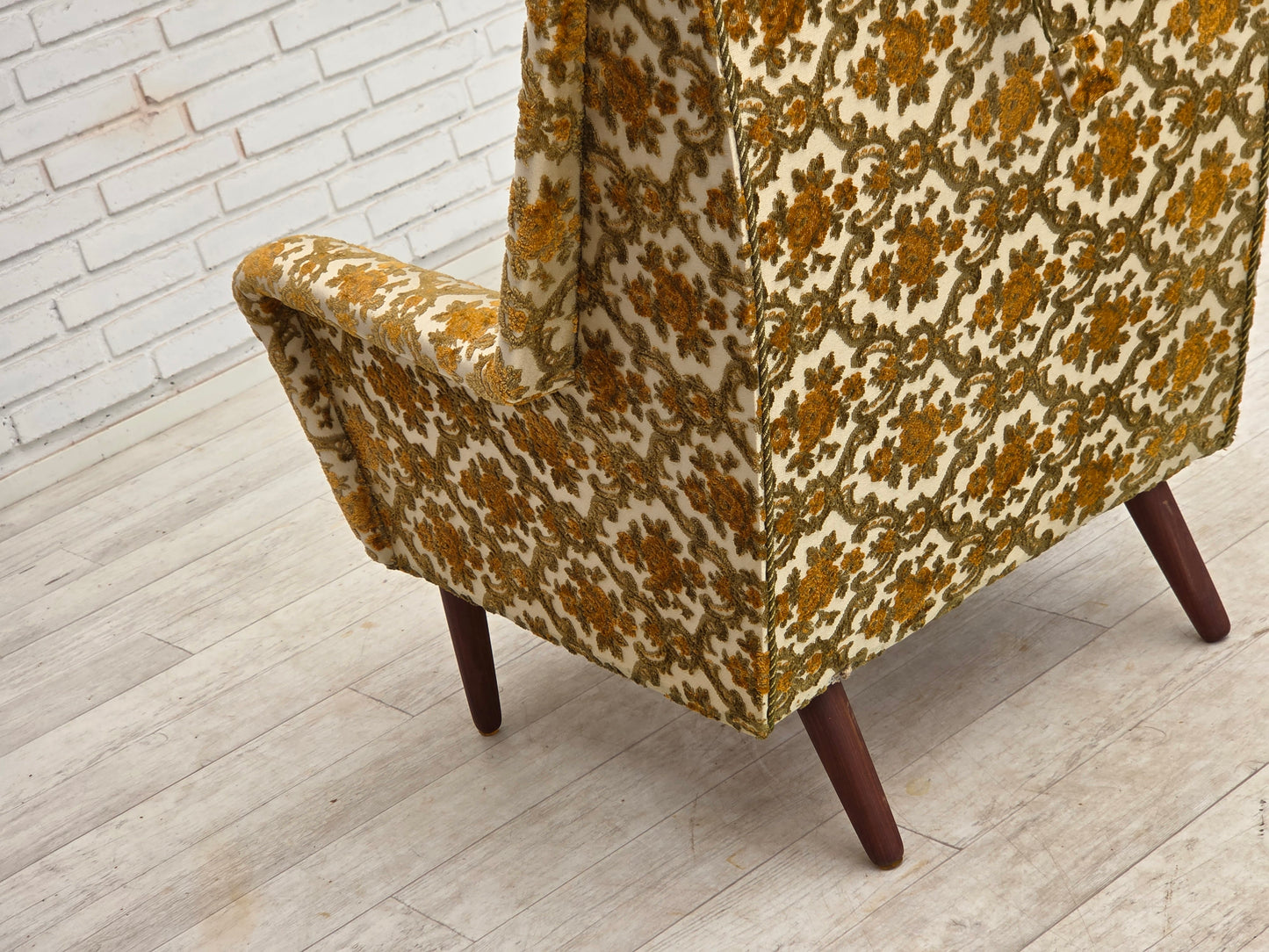 1970s, Danish highback armchair, Brown/beige furniture fabric, teak wood.