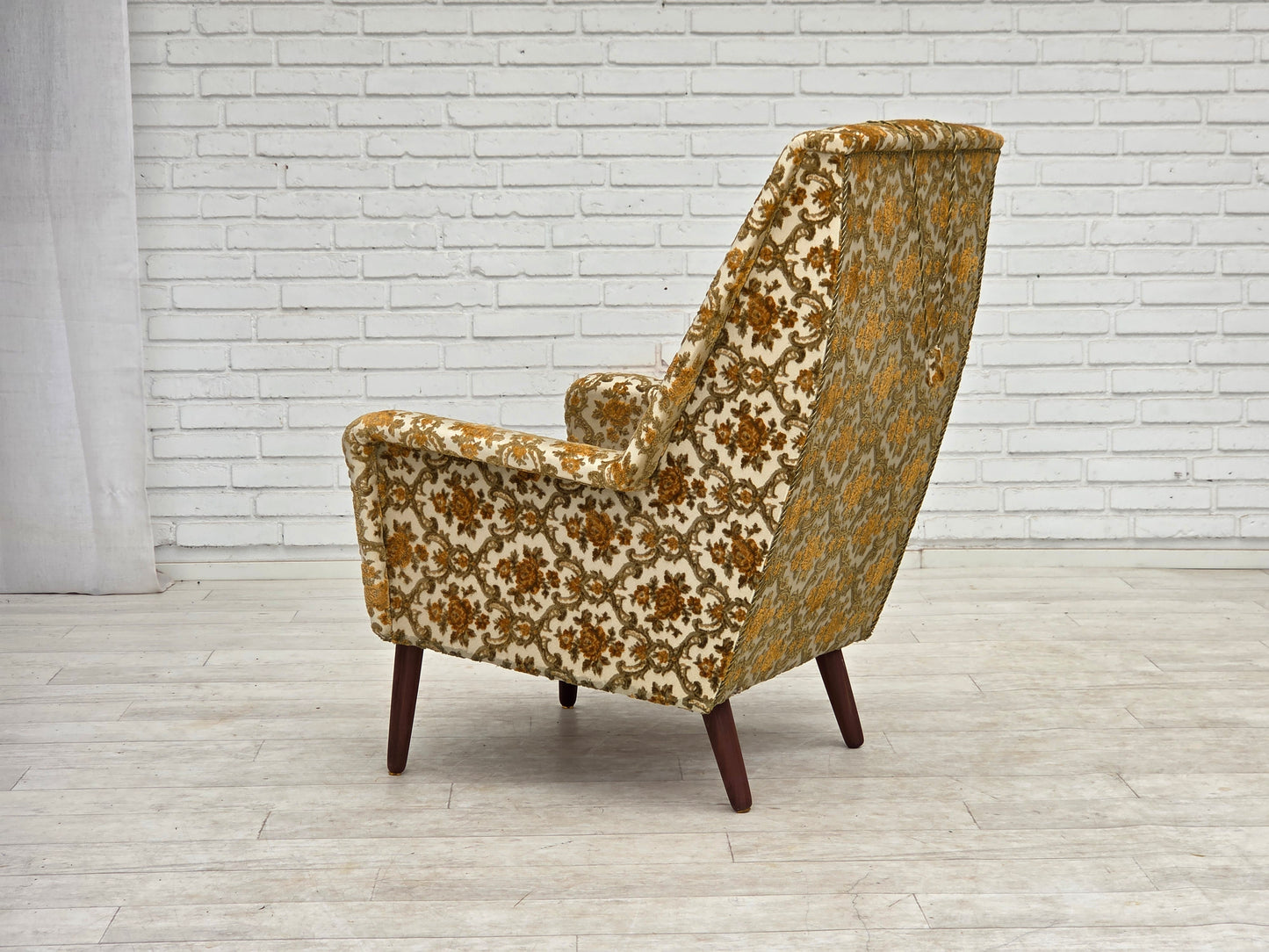 1970s, Danish highback armchair, Brown/beige furniture fabric, teak wood.