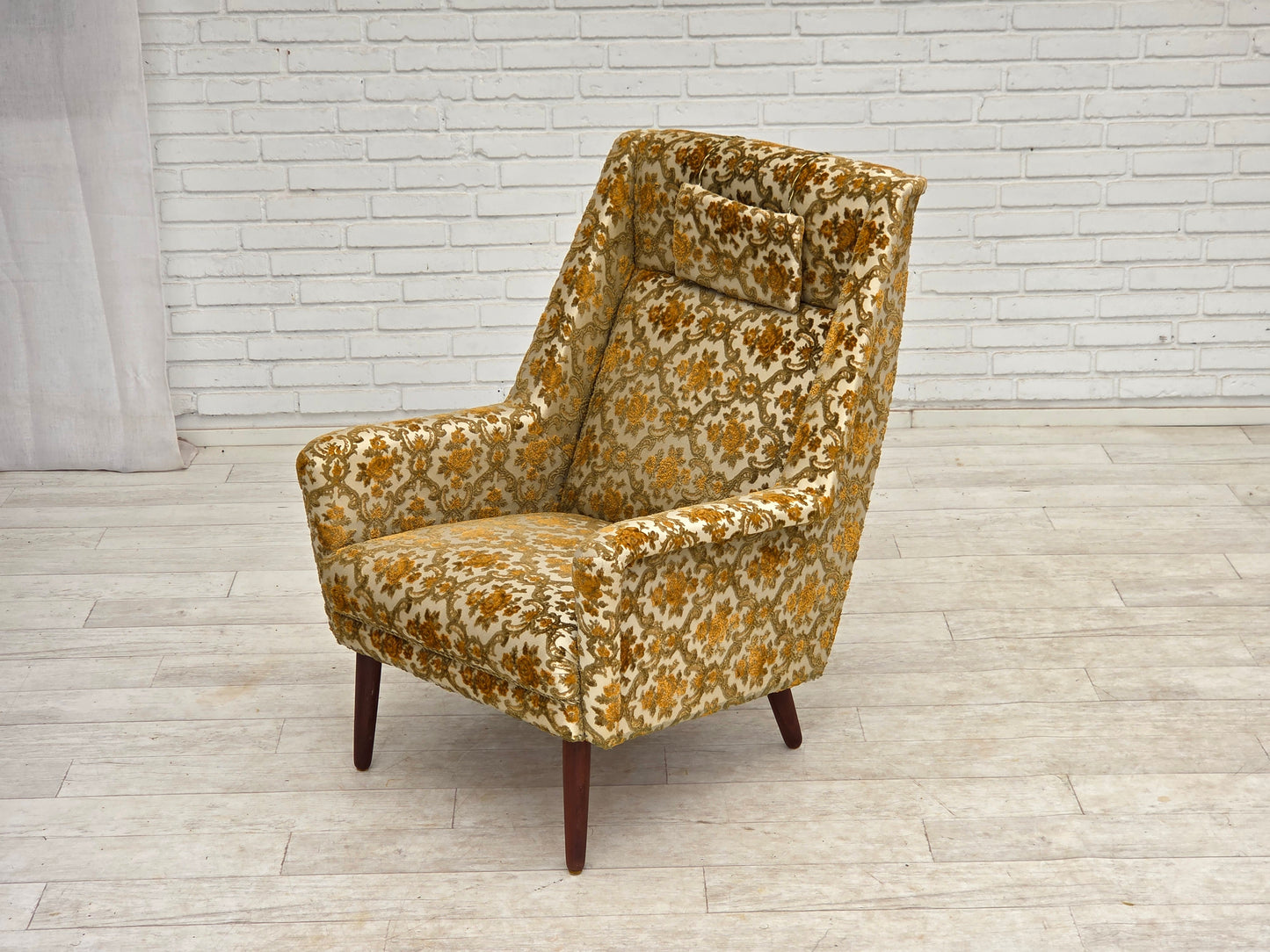 1970s, Danish highback armchair, Brown/beige furniture fabric, teak wood.