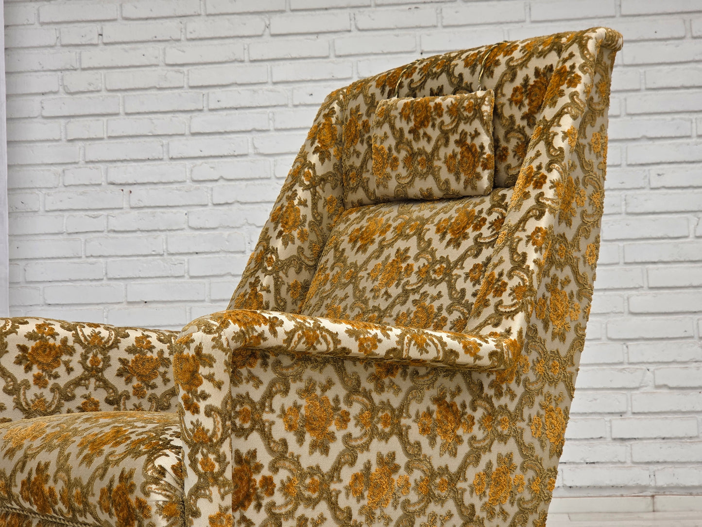 1970s, Danish highback armchair, Brown/beige furniture fabric, teak wood.