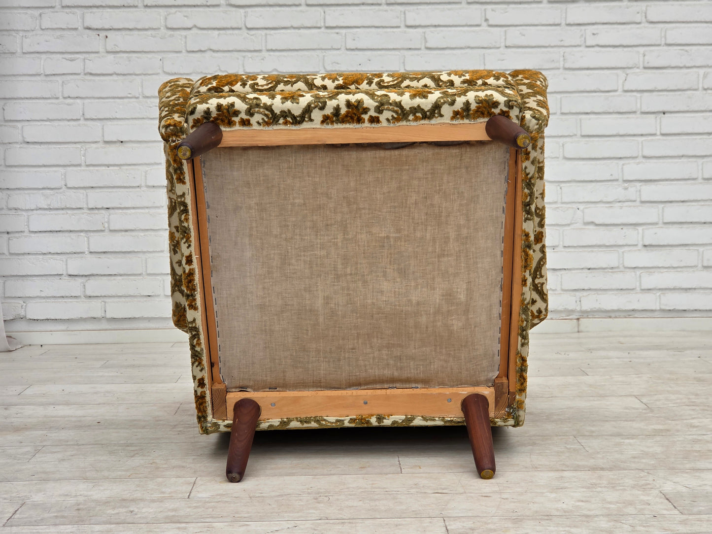 1970s, Danish highback armchair, Brown/beige furniture fabric, teak wood.