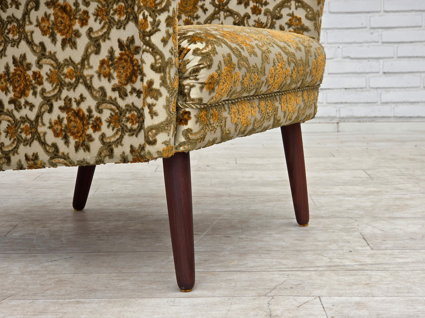 1970s, Danish highback armchair, Brown/beige furniture fabric, teak wood.
