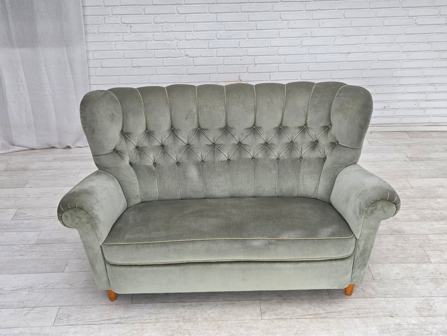 1960s, Danish 2-seater sofa. light green furniture velour.