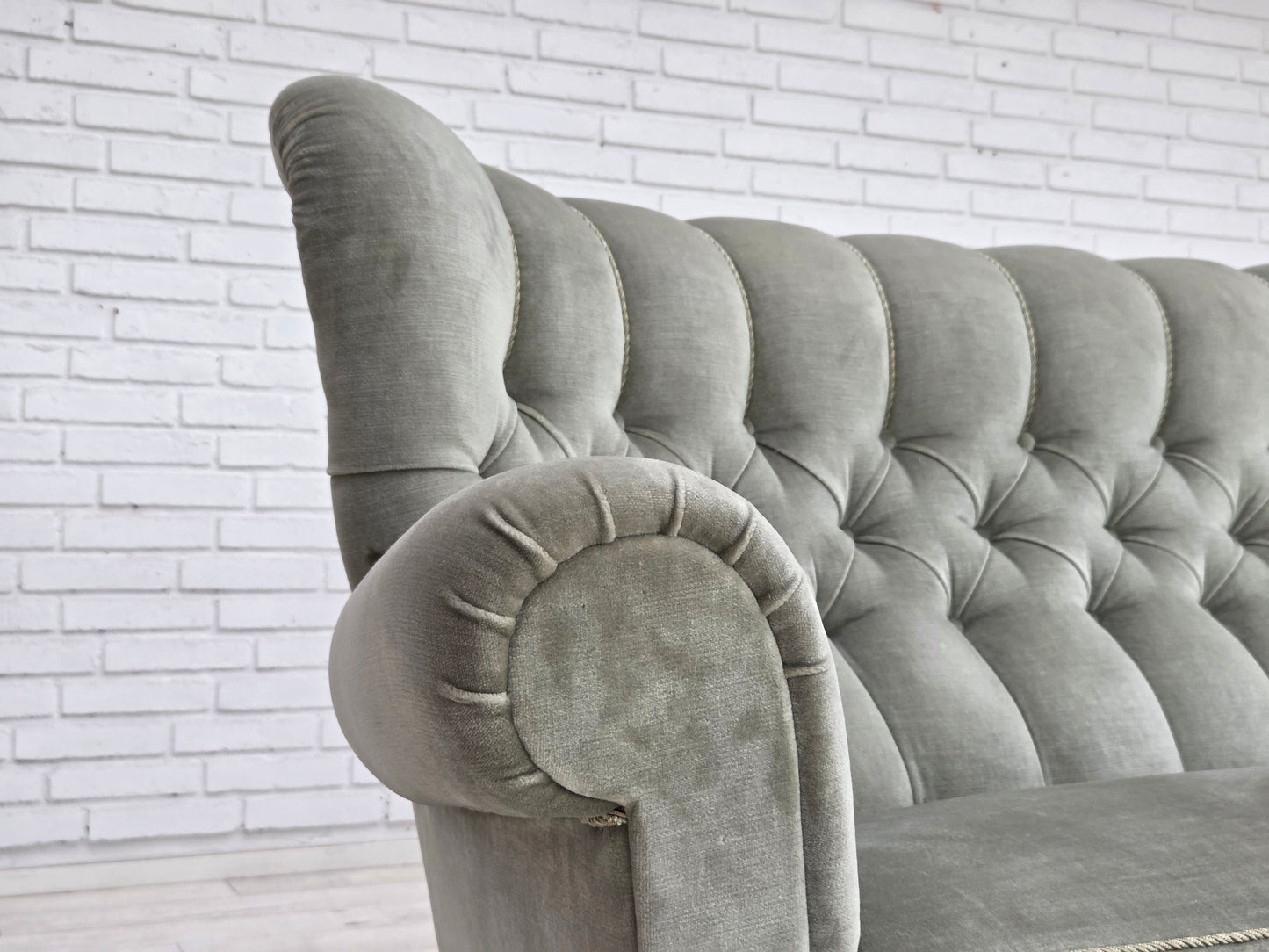 1960s, Danish 2-seater sofa. light green furniture velour.