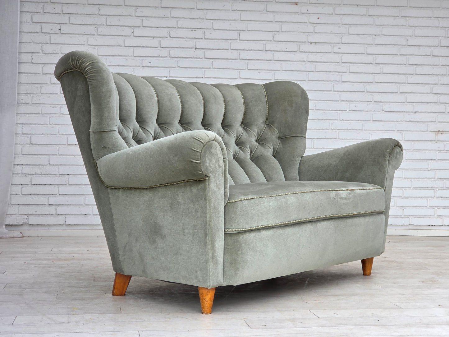 1960s, Danish 2-seater sofa. light green furniture velour.