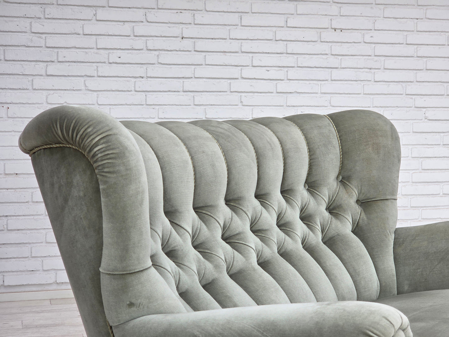 1960s, Danish 2-seater sofa. light green furniture velour.
