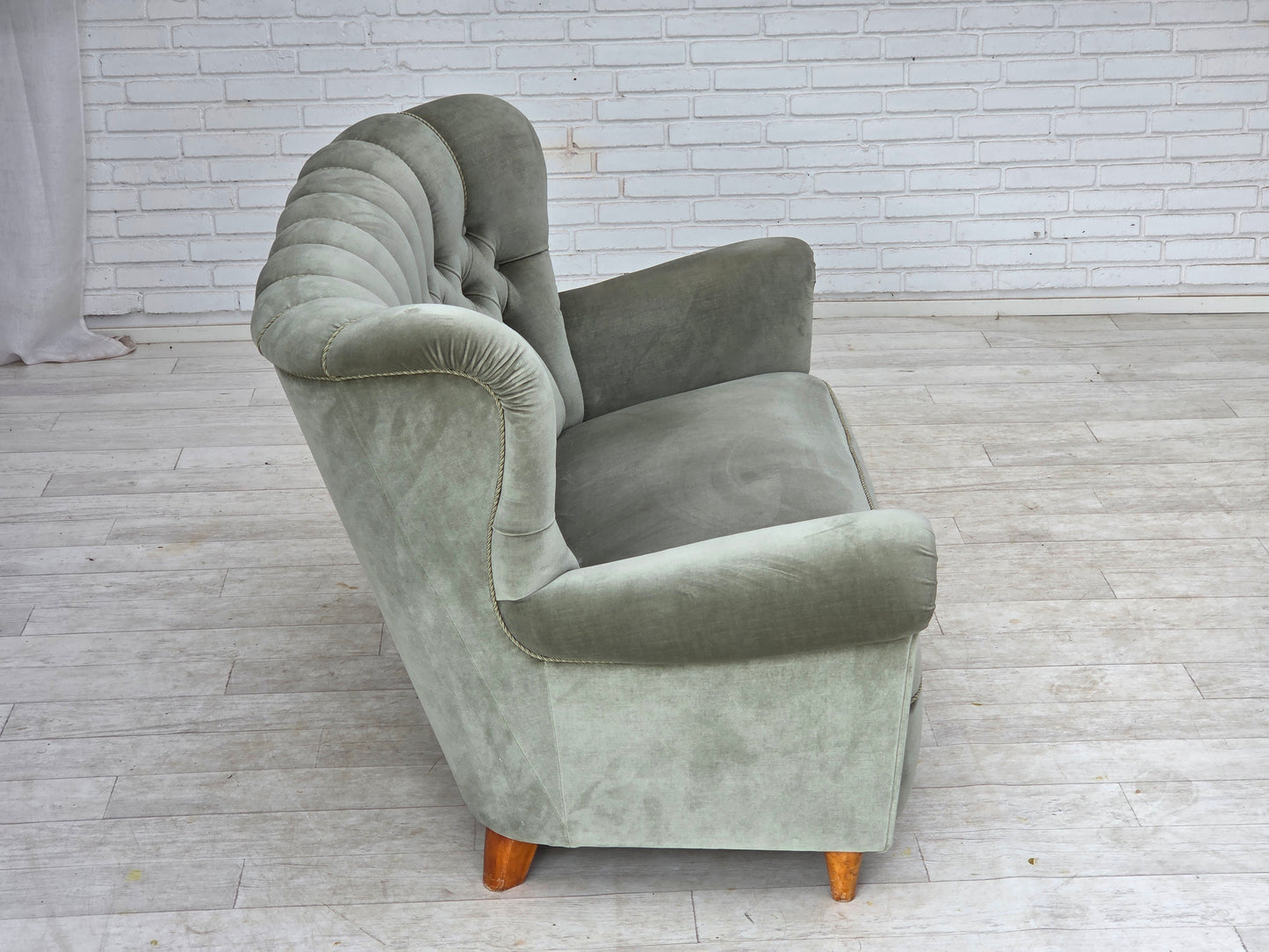 1960s, Danish 2-seater sofa. light green furniture velour.