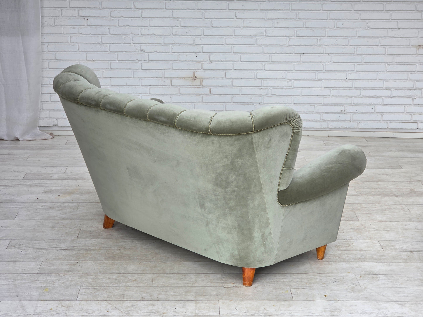 1960s, Danish 2-seater sofa. light green furniture velour.