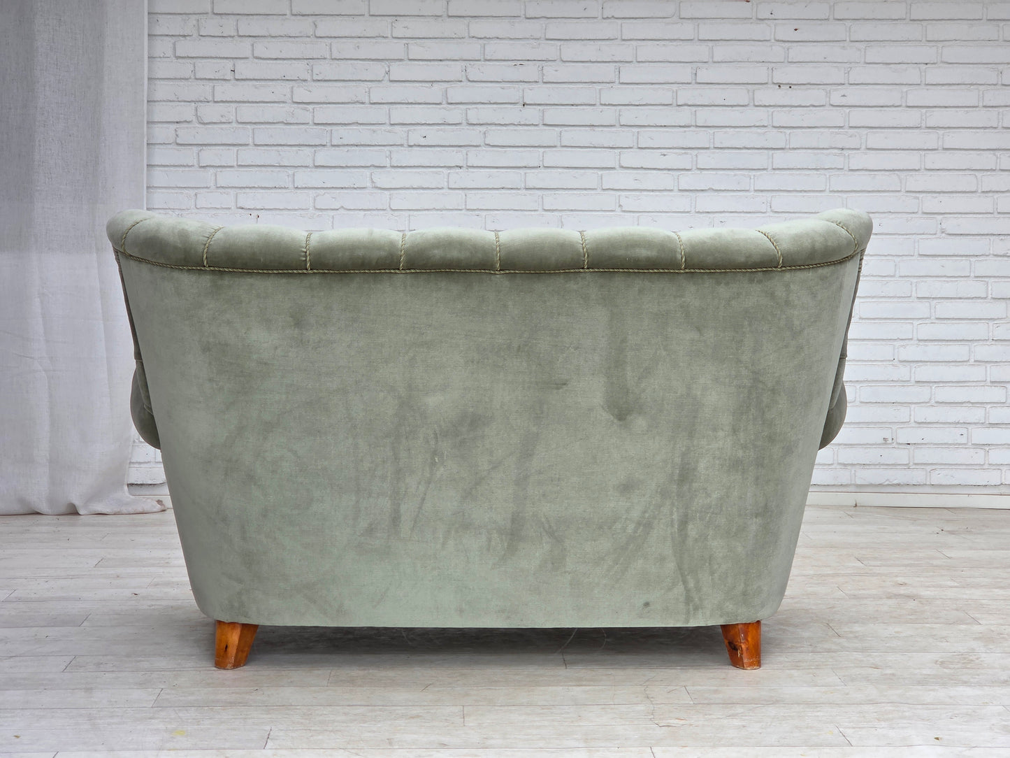 1960s, Danish 2-seater sofa. light green furniture velour.