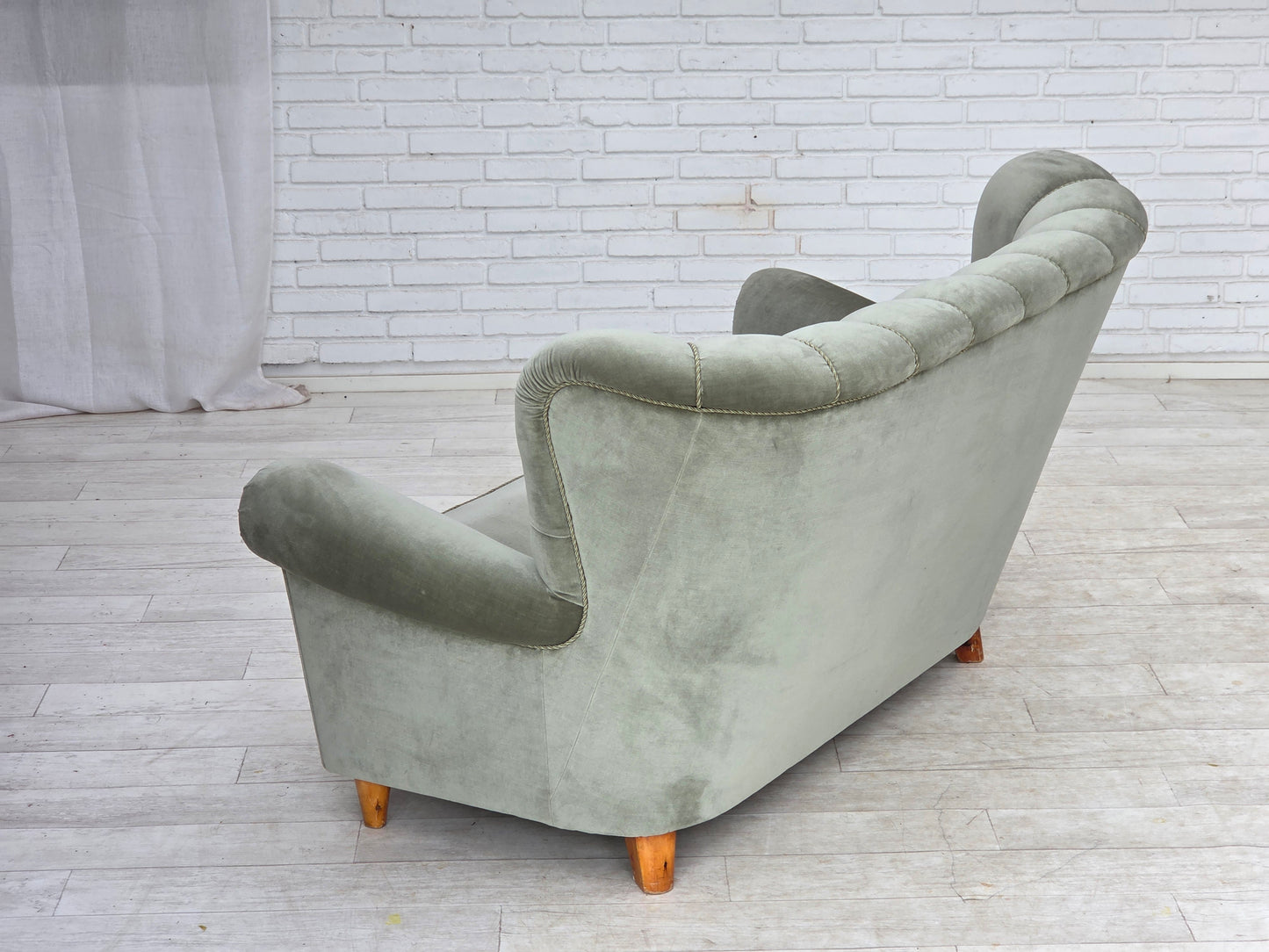 1960s, Danish 2-seater sofa. light green furniture velour.