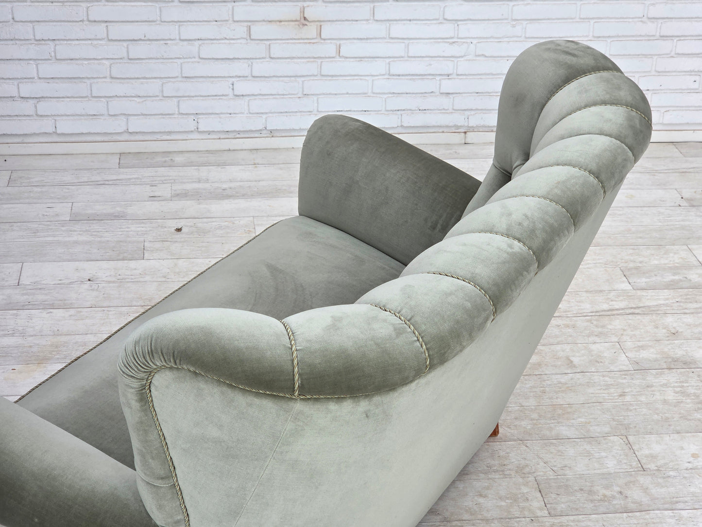 1960s, Danish 2-seater sofa. light green furniture velour.