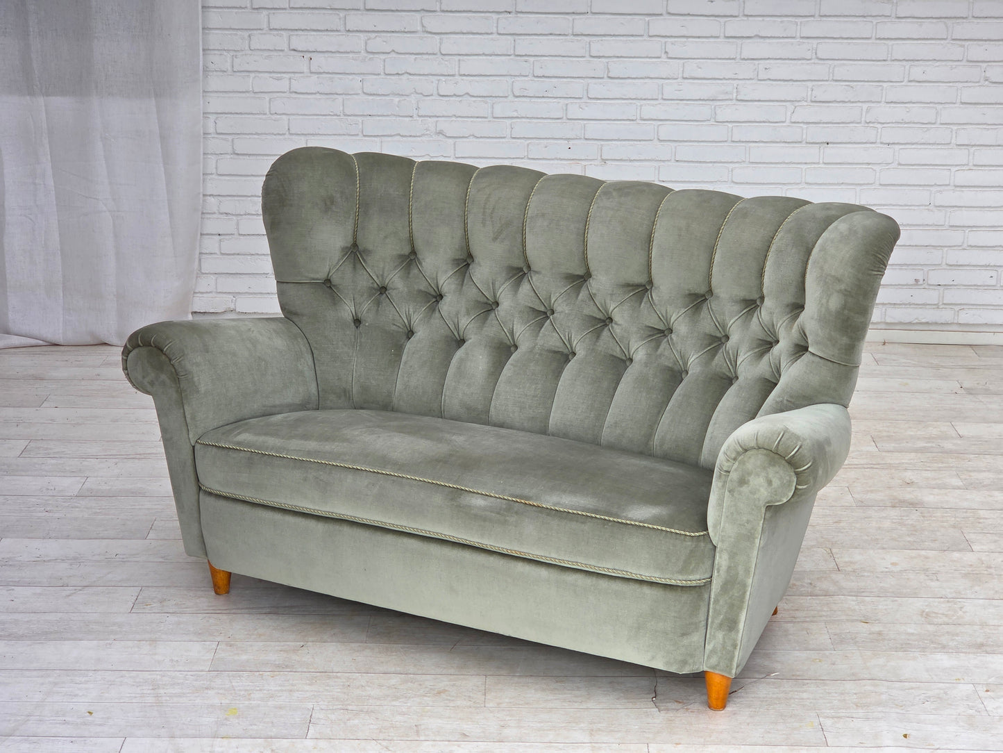 1960s, Danish 2-seater sofa. light green furniture velour.