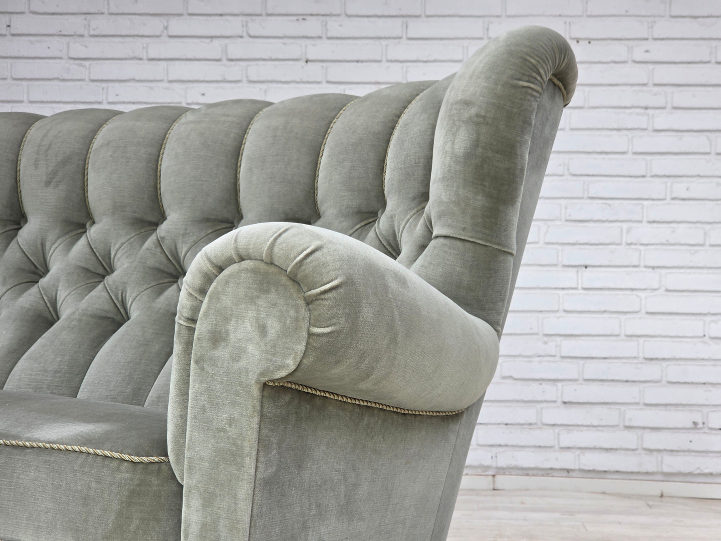 1960s, Danish 2-seater sofa. light green furniture velour.