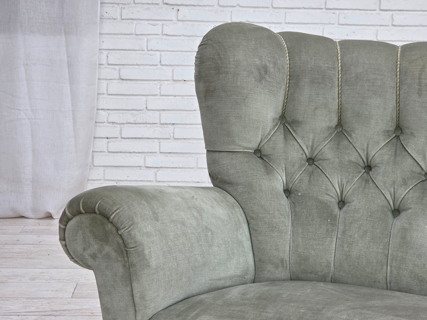 1960s, Danish 2-seater sofa. light green furniture velour.