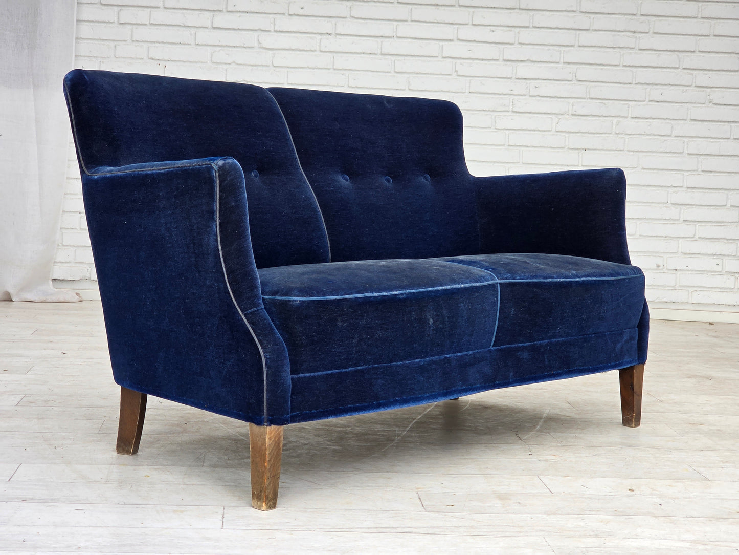 1960s, Danish 2-seater sofa. dark blue furniture velour.