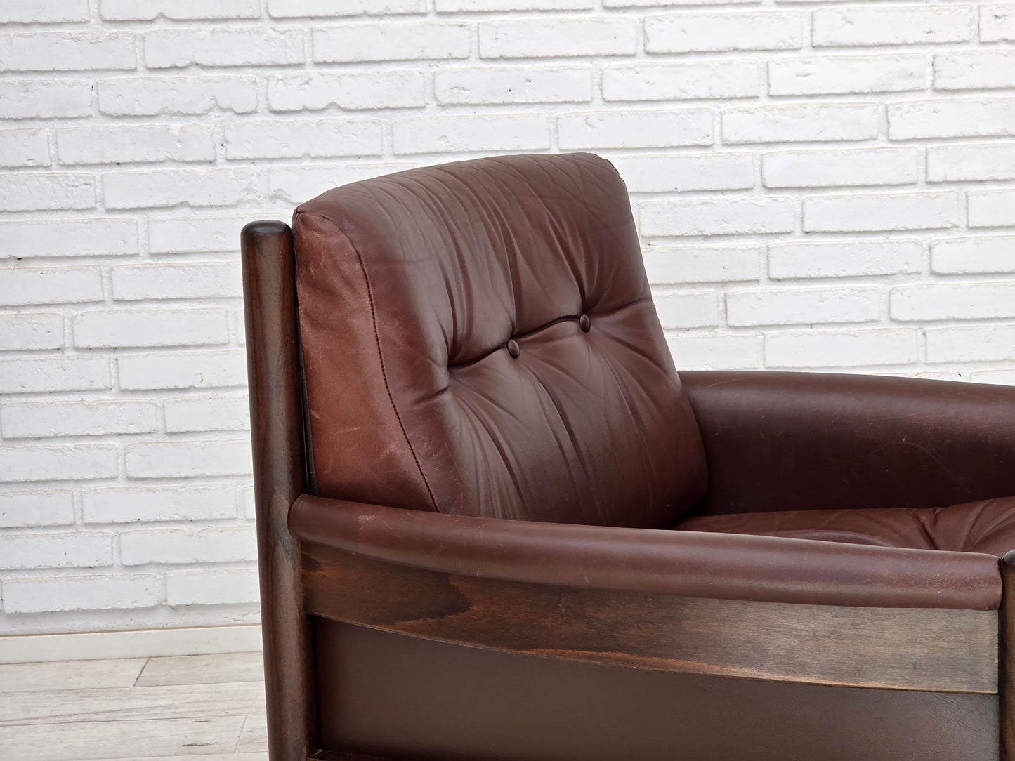 1970s, Scandinavian armchair, furniture leather, dark beech wood.