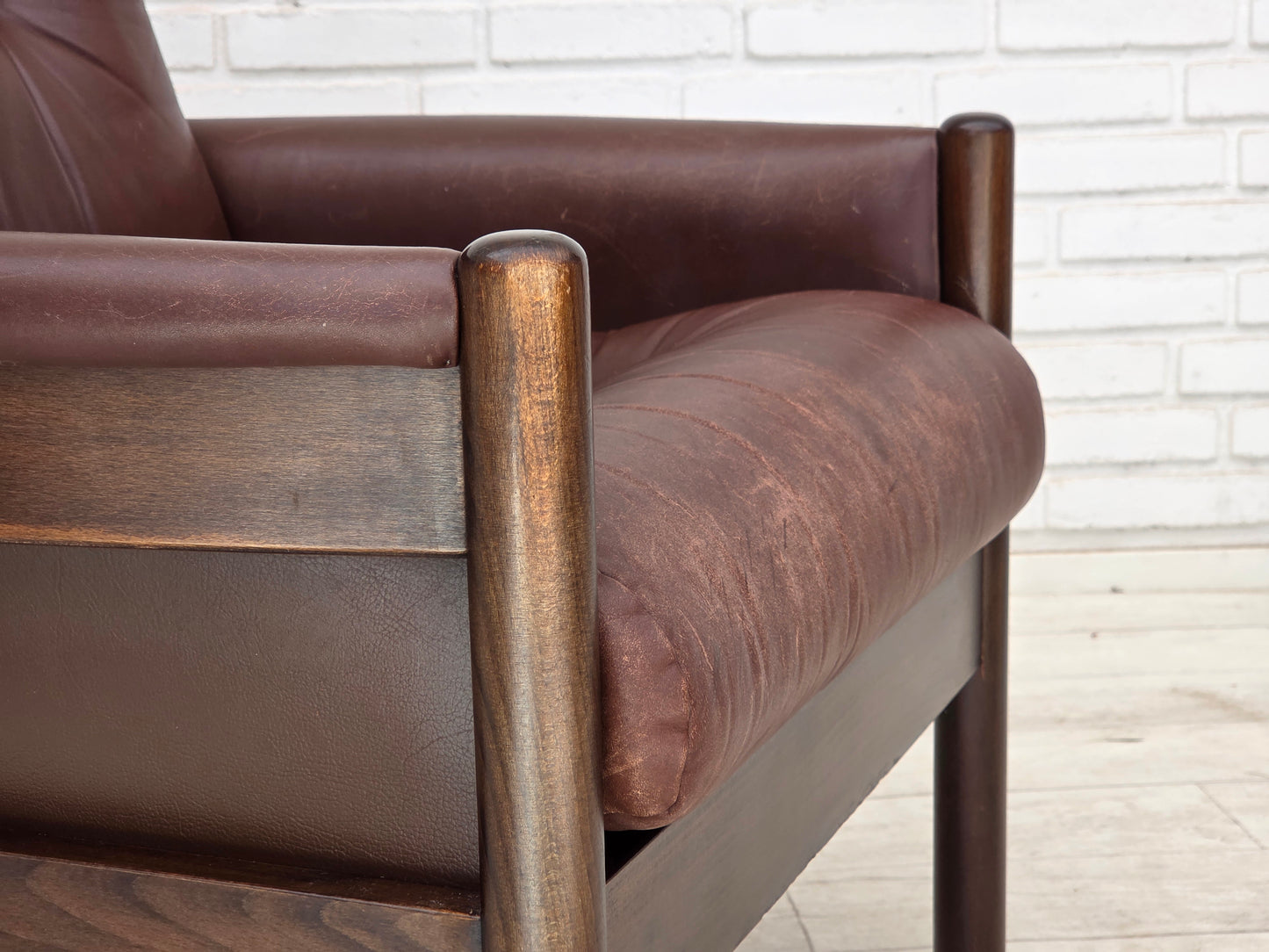 1970s, Scandinavian armchair, furniture leather, dark beech wood.