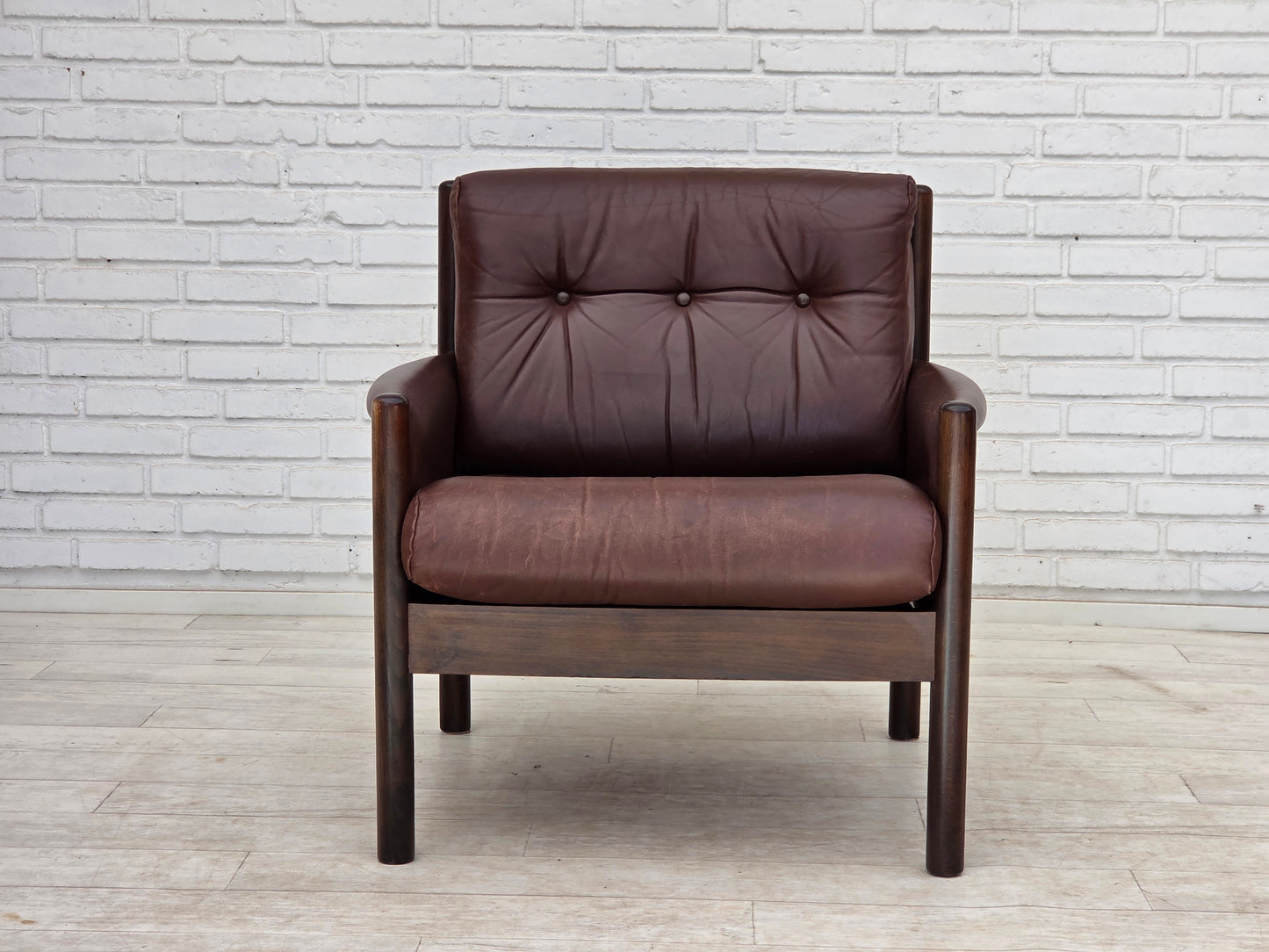 1970s, Scandinavian armchair, furniture leather, dark beech wood.