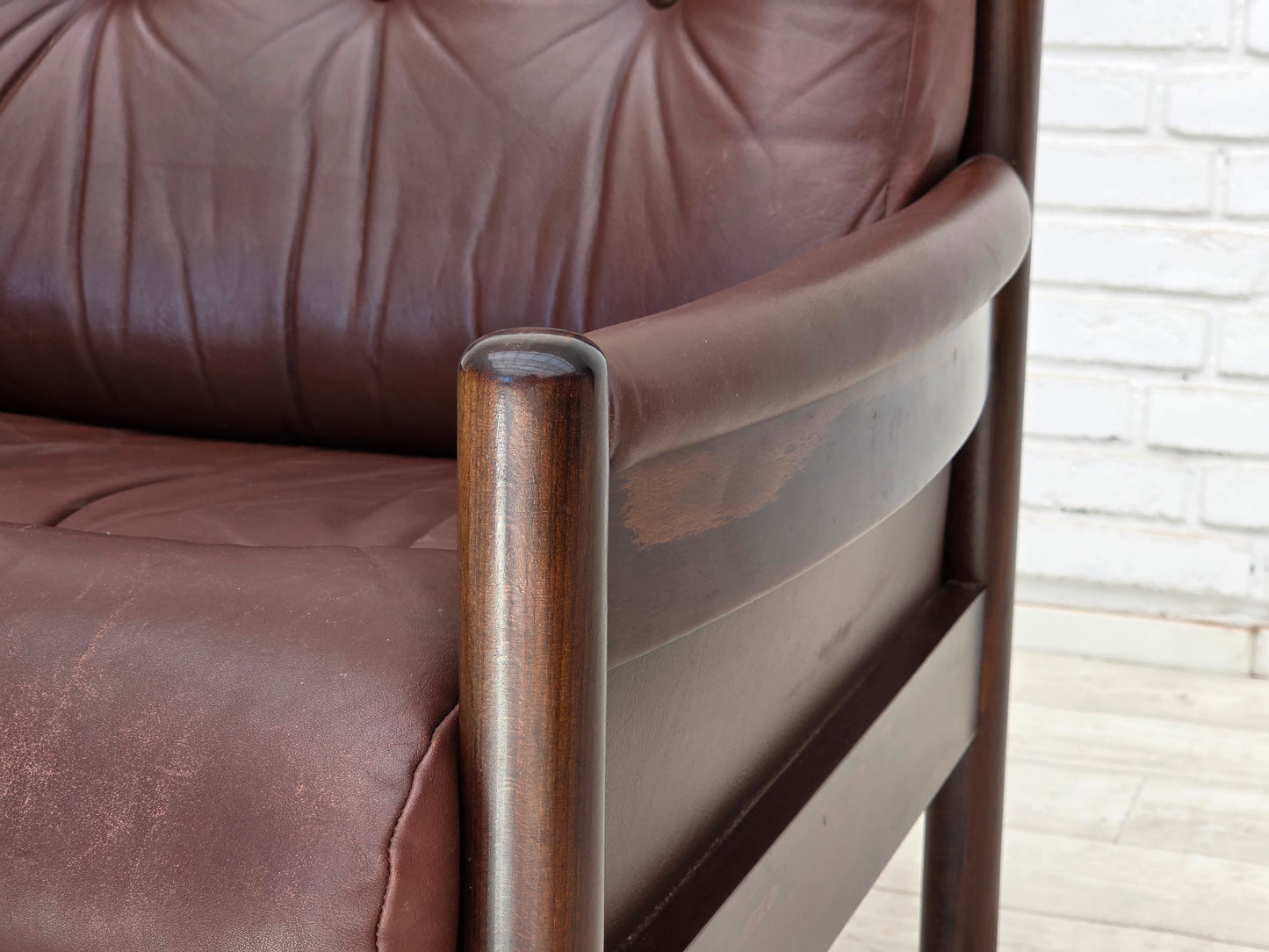 1970s, Scandinavian armchair, furniture leather, dark beech wood.