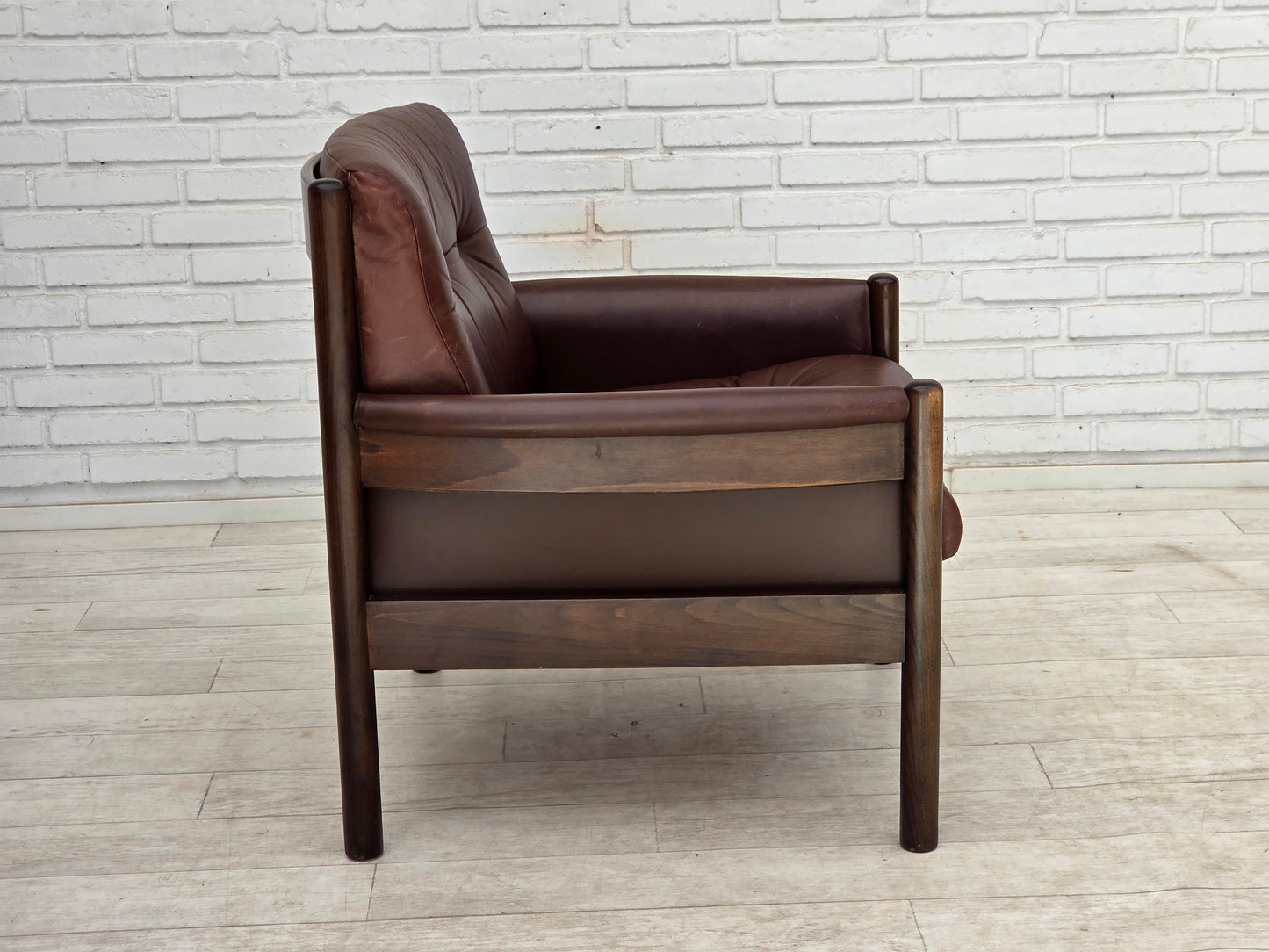 1970s, Scandinavian armchair, furniture leather, dark beech wood.