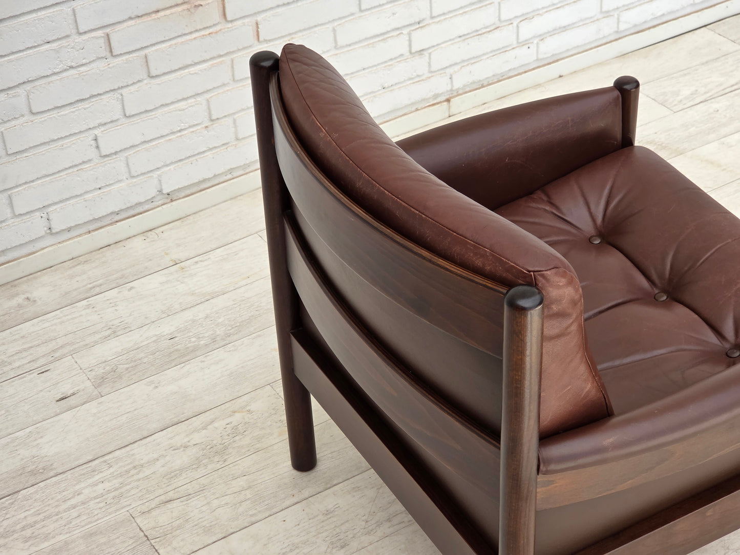 1970s, Scandinavian armchair, furniture leather, dark beech wood.