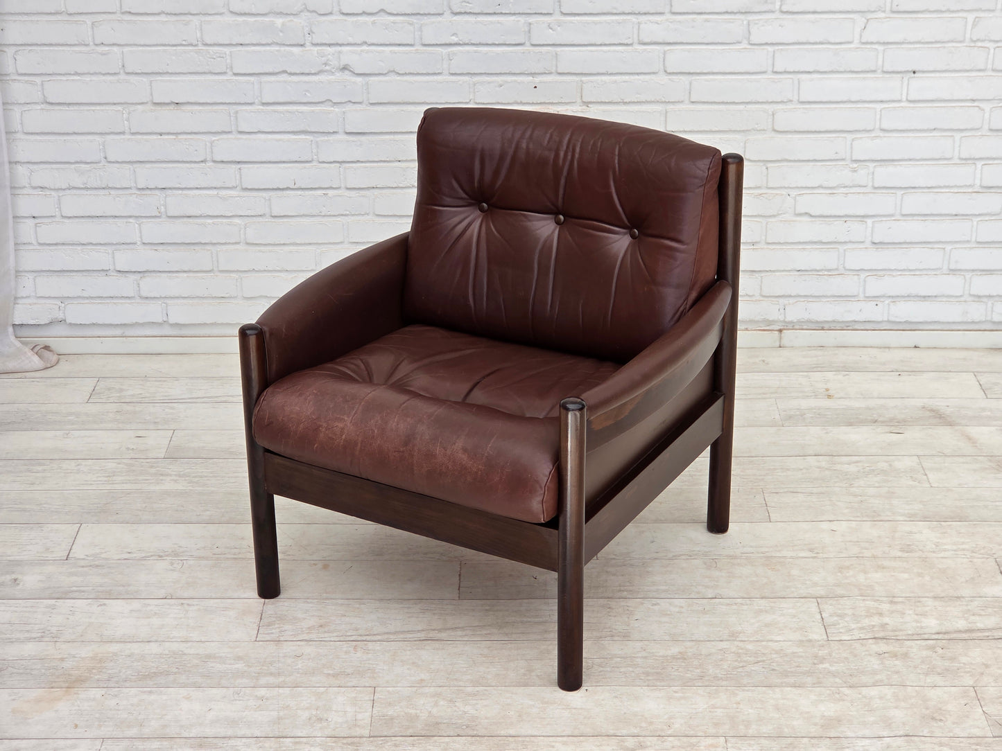 1970s, Scandinavian armchair, furniture leather, dark beech wood.