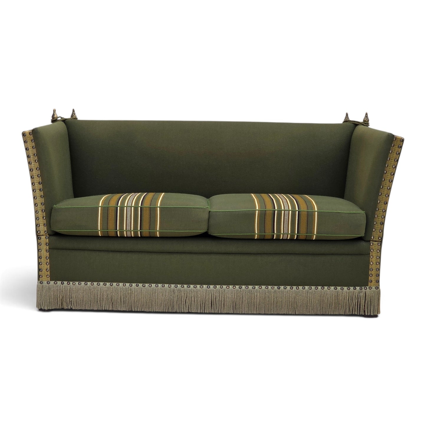 1970s, Danish 2-seater drop arm "Spanish" sofa, green furniture wool.