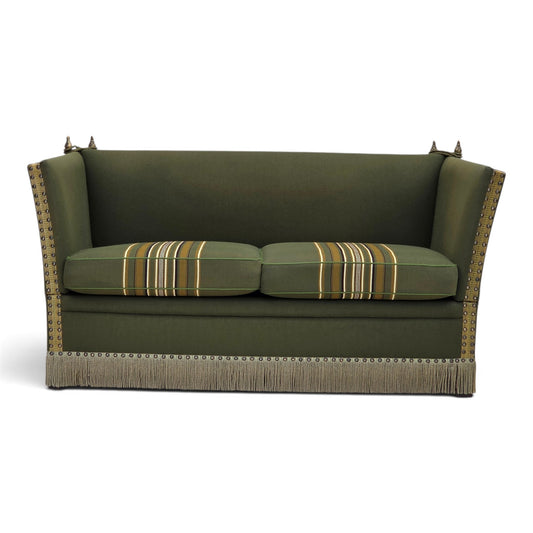 1970s, Danish 2-seater drop arm "Spanish" sofa, green furniture wool.