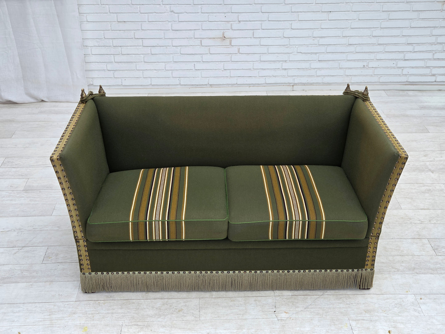 1970s, Danish 2-seater drop arm "Spanish" sofa, green furniture wool.