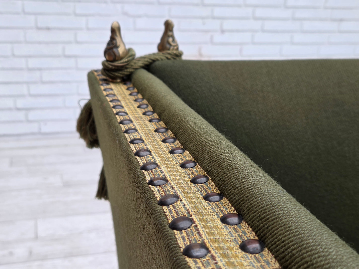 1970s, Danish 2-seater drop arm "Spanish" sofa, green furniture wool.