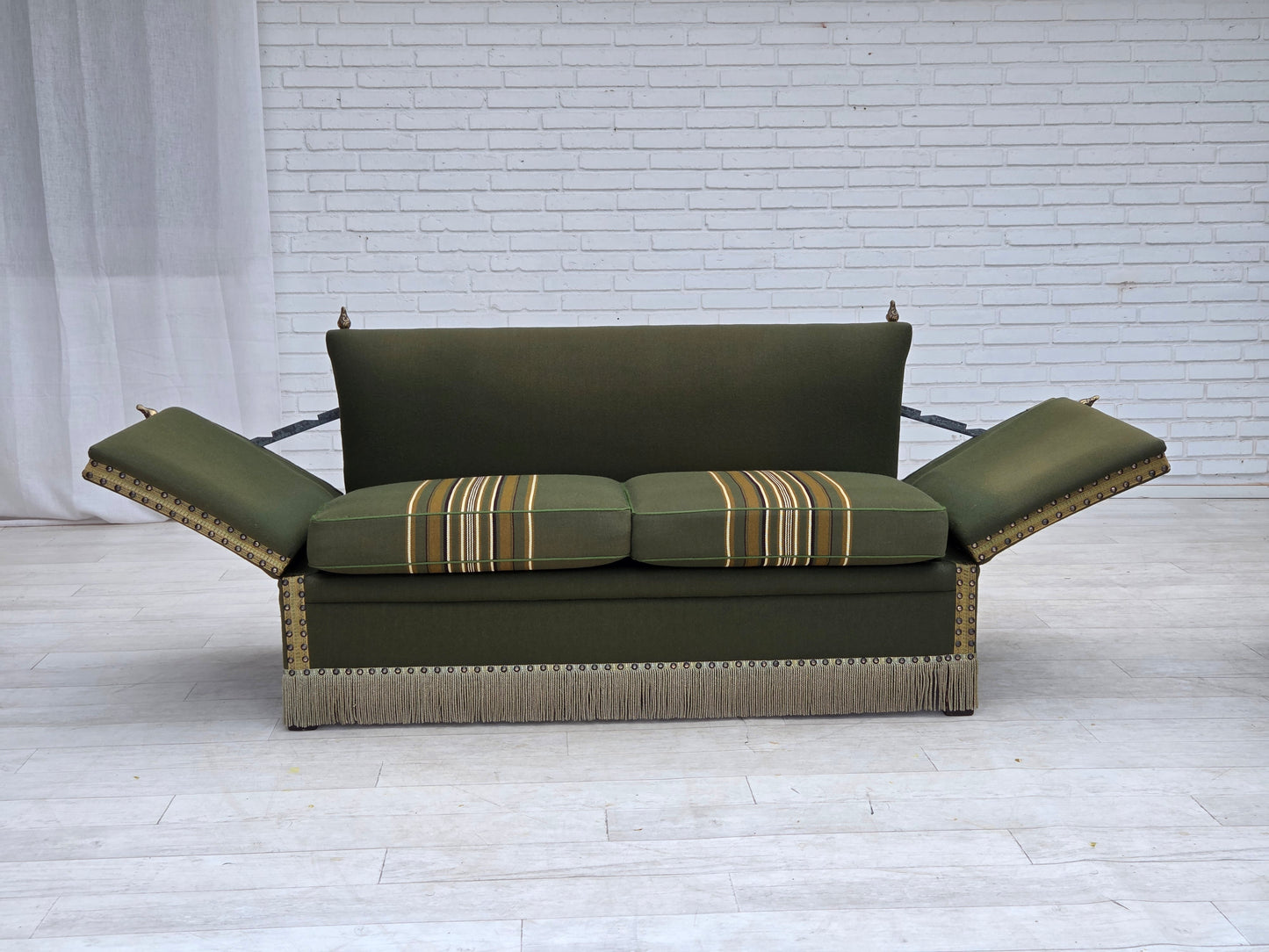 1970s, Danish 2-seater drop arm "Spanish" sofa, green furniture wool.